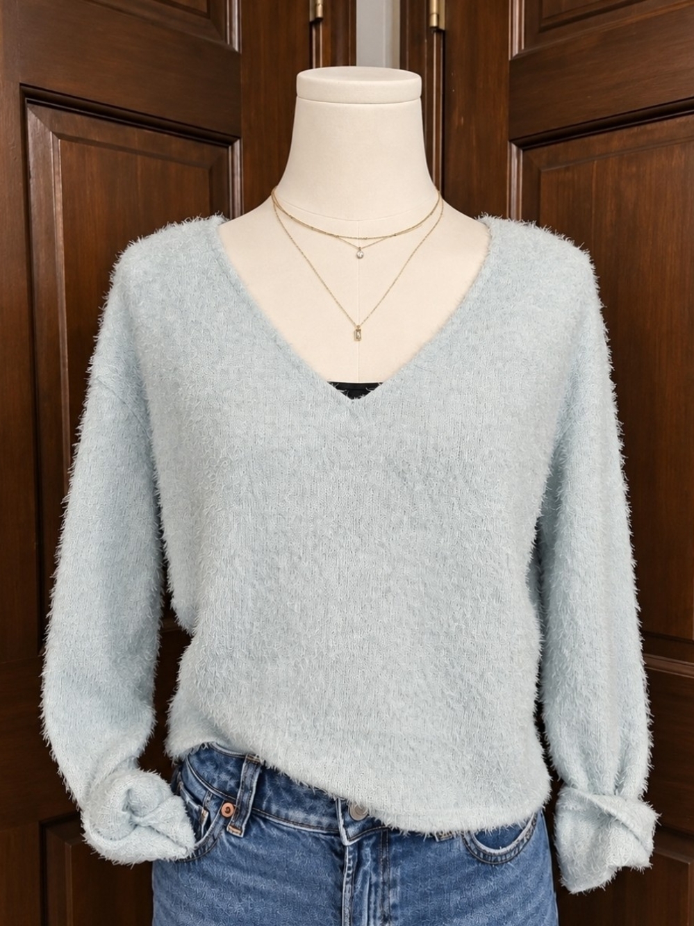 SO Light Blue Fuzzy V-Neck Sweater